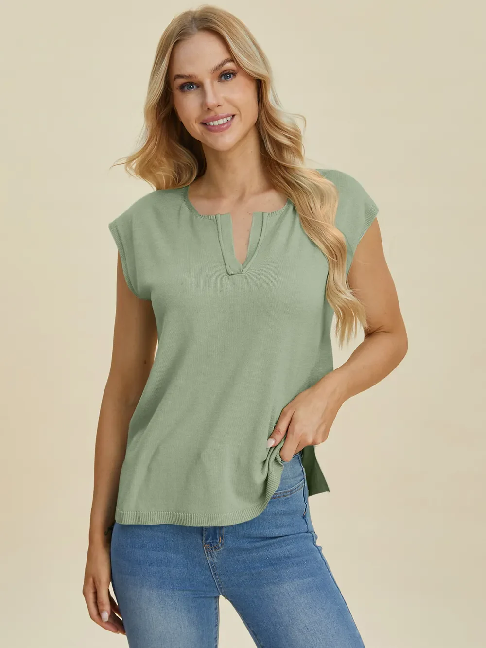 Double Take Full Size Notched Cap Sleeve Knit Top - Image 11