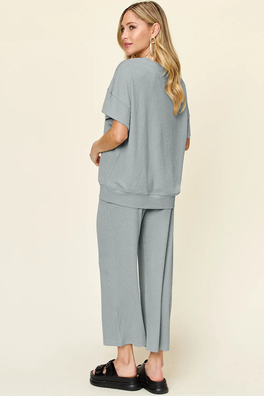 Double Take Full Size Texture Round Neck Short Sleeve T-Shirt and Wide Leg Pants - Image 24