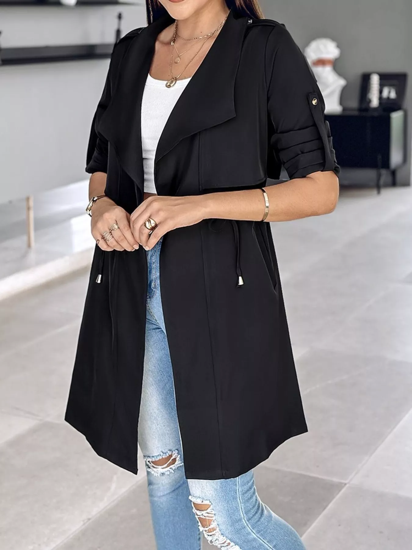 Drape Collar Lightweight Trench Coat - Image 10