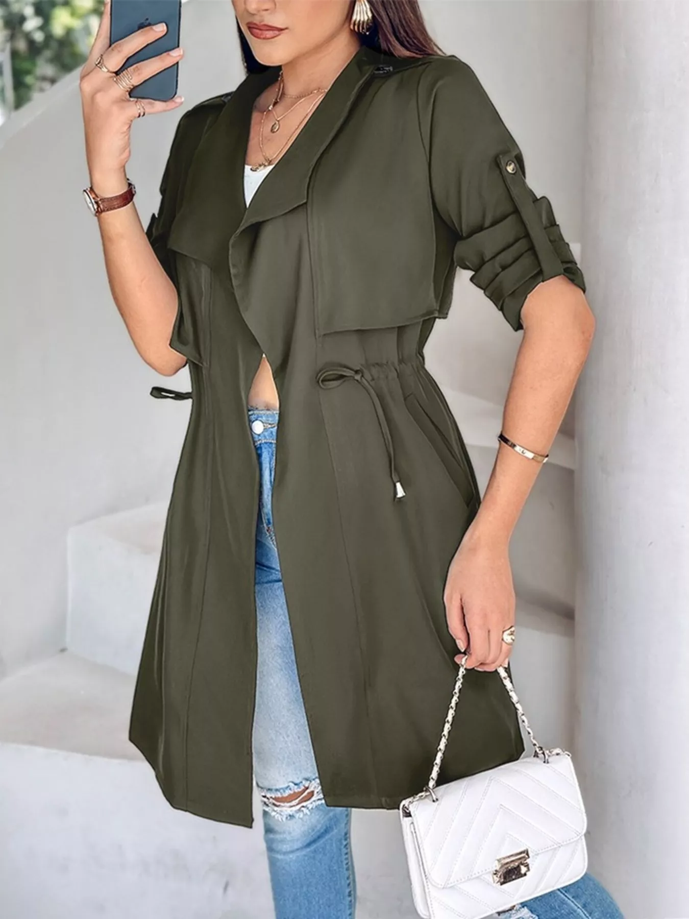 Drape Collar Lightweight Trench Coat - Image 17