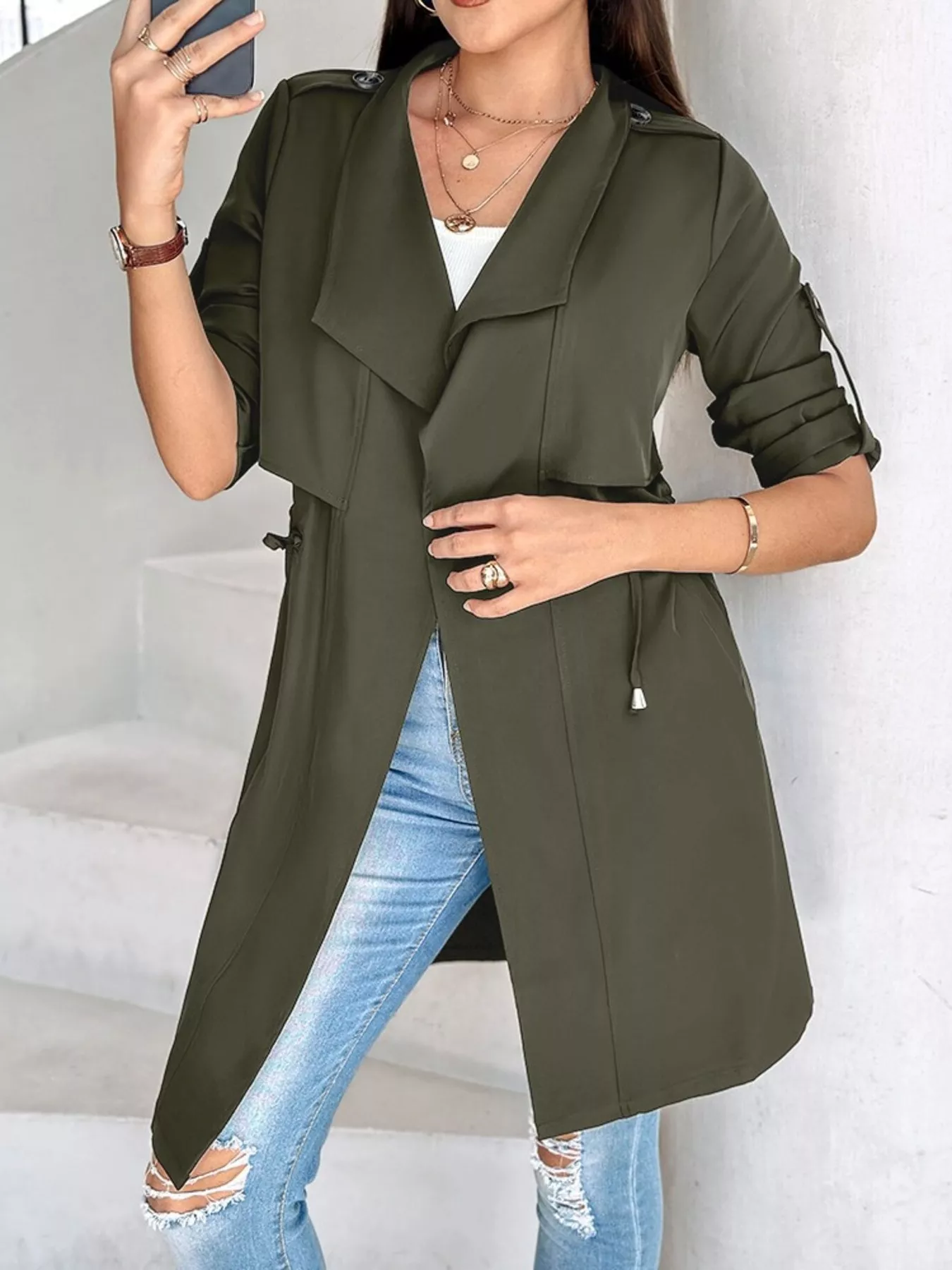 Drape Collar Lightweight Trench Coat - Image 18