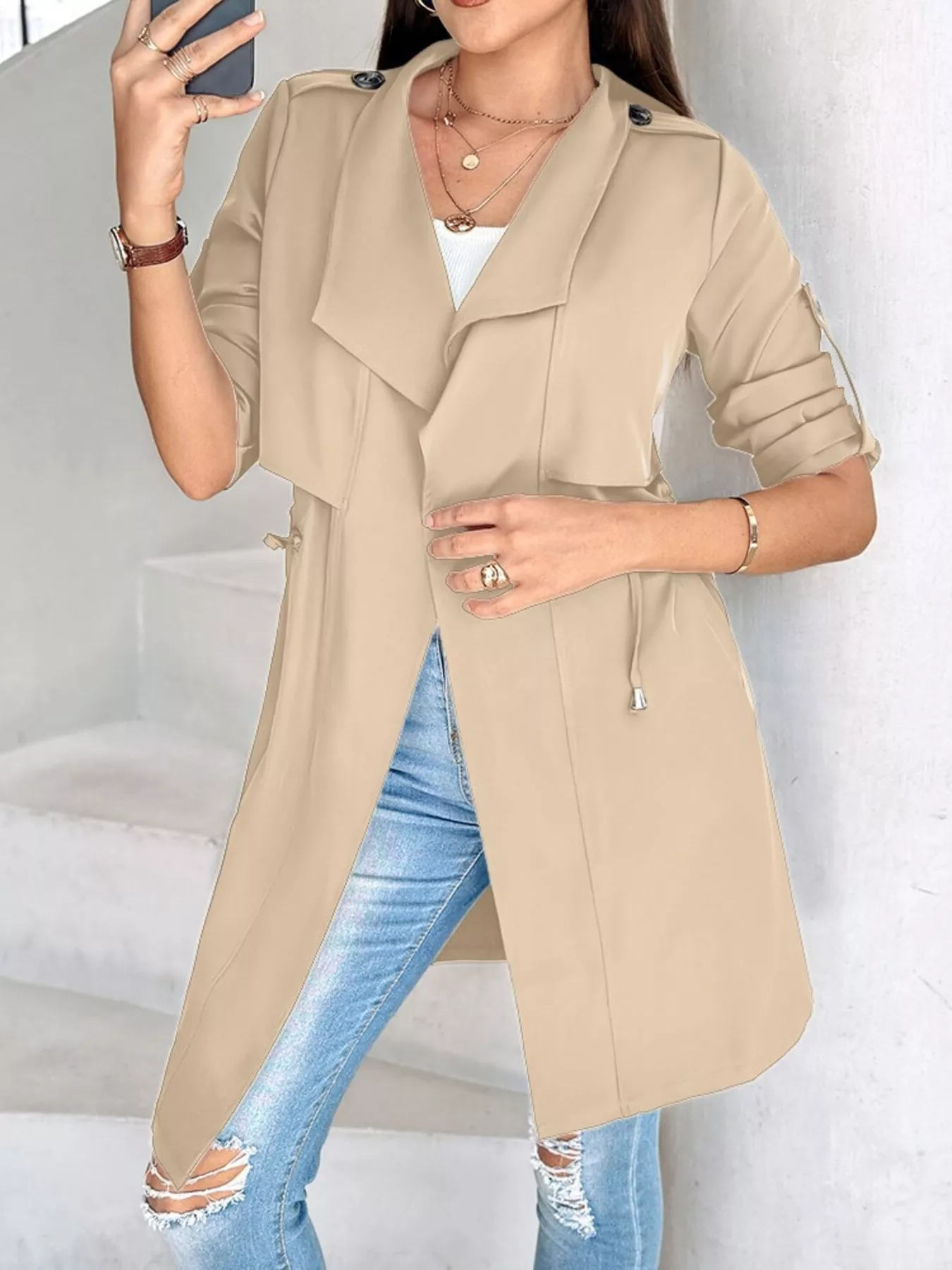 Drape Collar Lightweight Trench Coat - Image 5