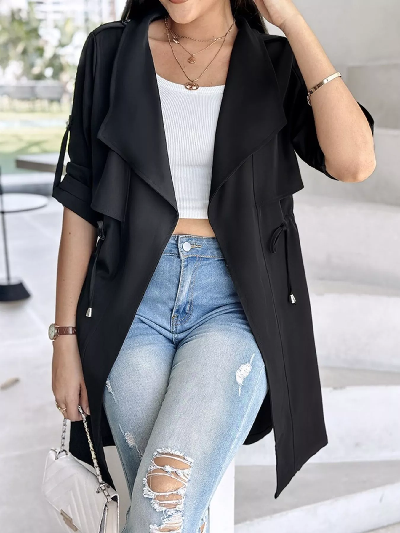 Drape Collar Lightweight Trench Coat - Image 7