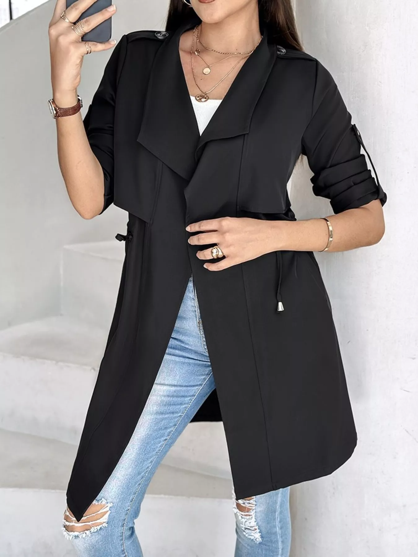 Drape Collar Lightweight Trench Coat - Image 8