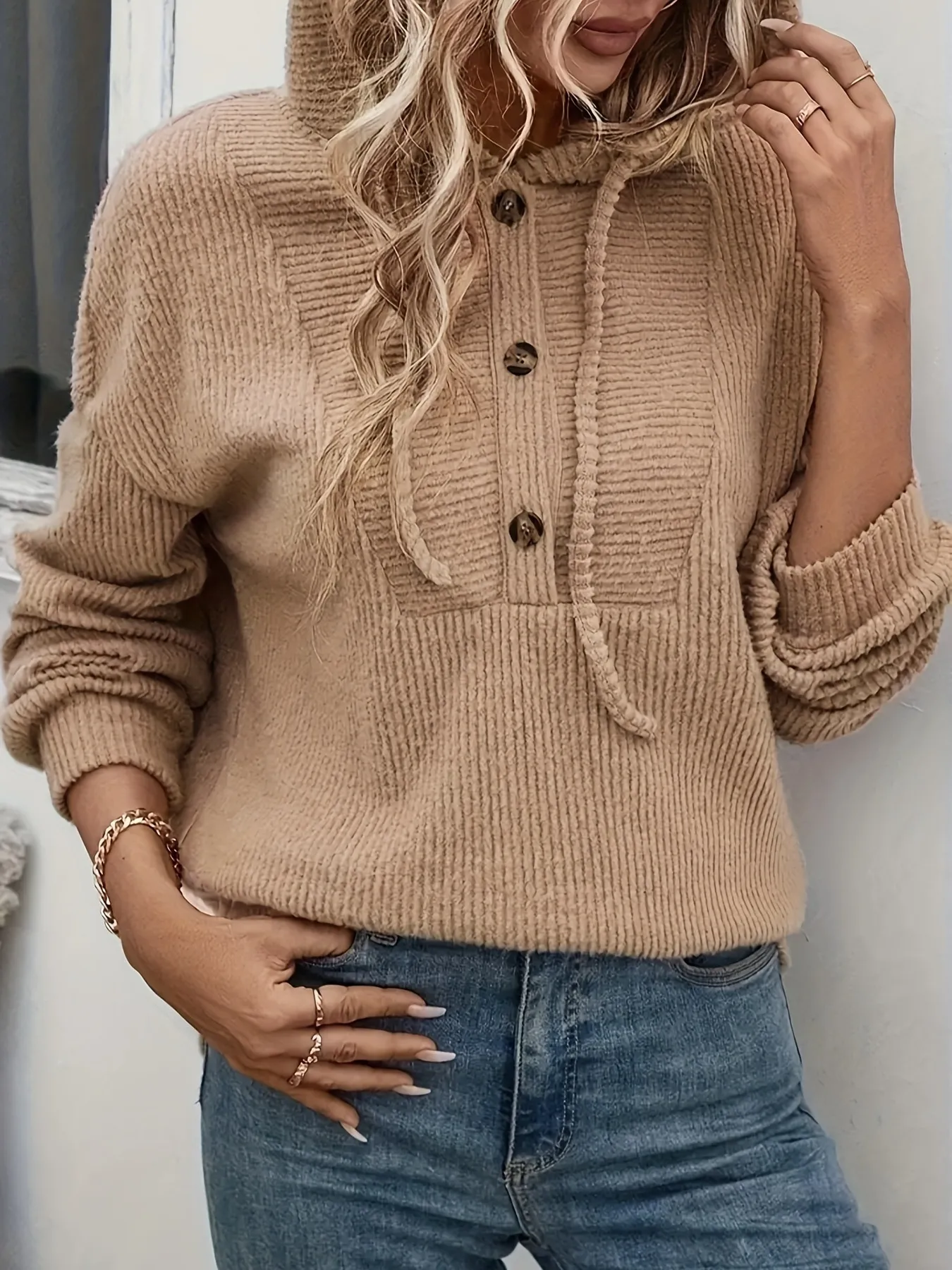 Drawstring Button Front Hoodie - Image 2