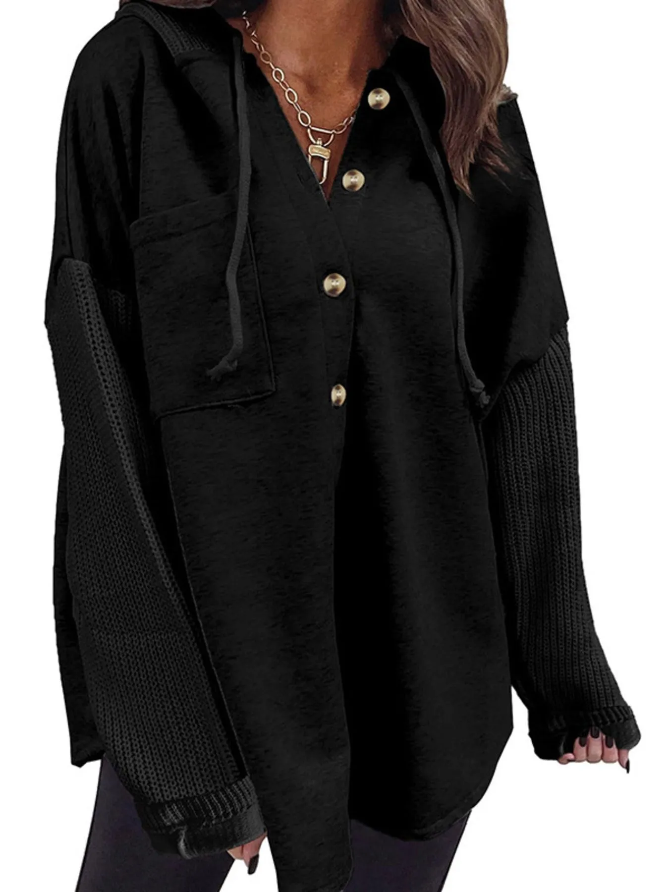 Drawstring Button Front Hoodie - Image 8