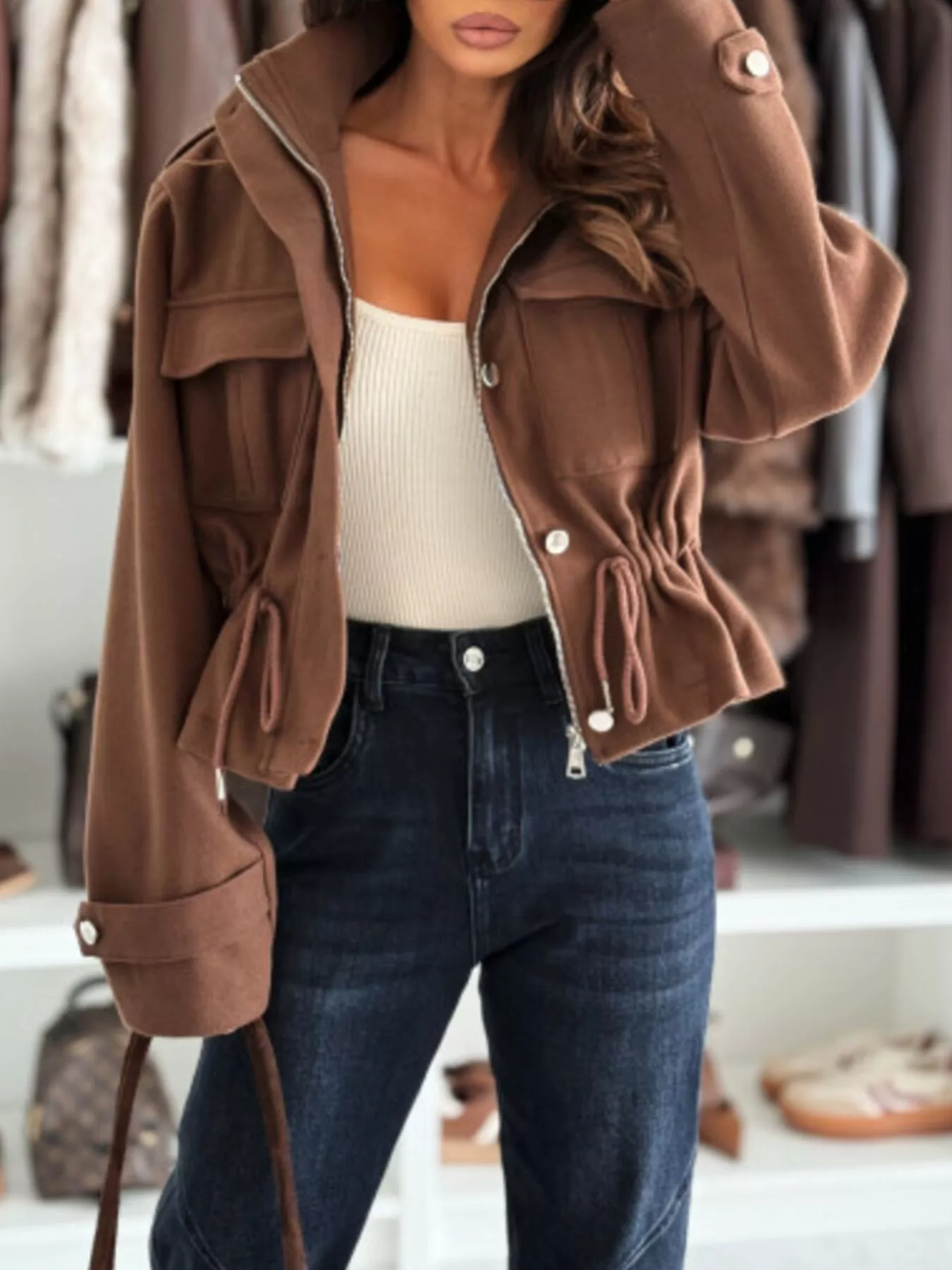 Drawstring Button-Up Casual Jacket - Image 5