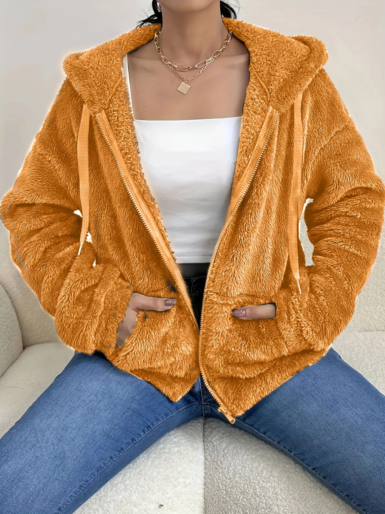 Drawstring Fleece Zip-Up Outerwear - Image 13