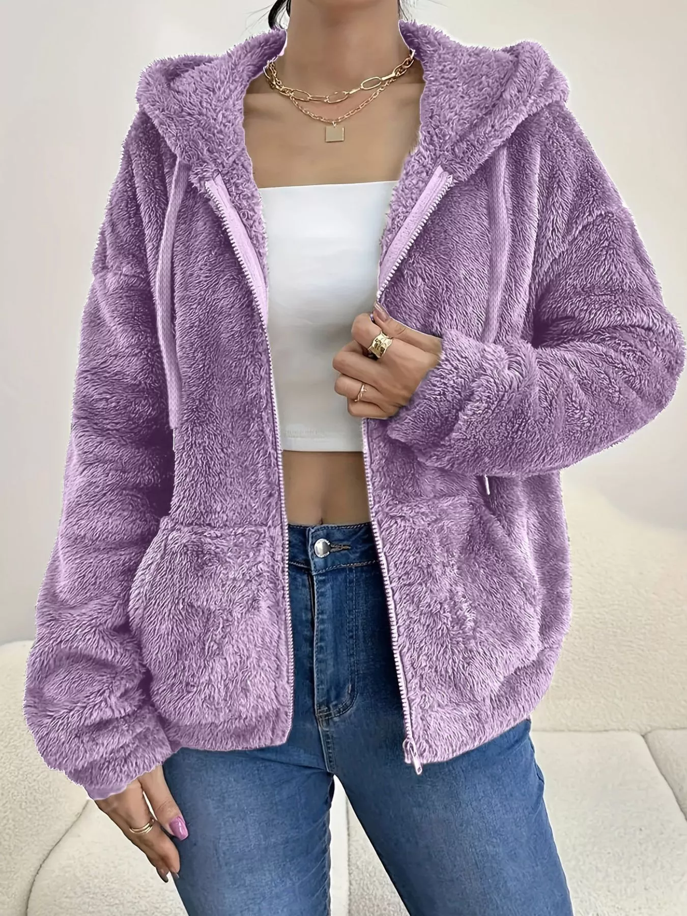 Drawstring Fleece Zip-Up Outerwear - Image 16