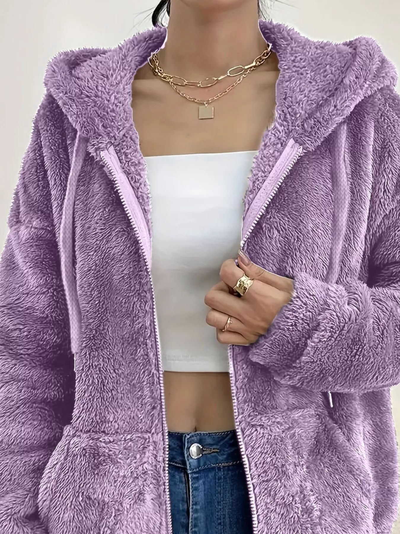 Drawstring Fleece Zip-Up Outerwear - Image 17