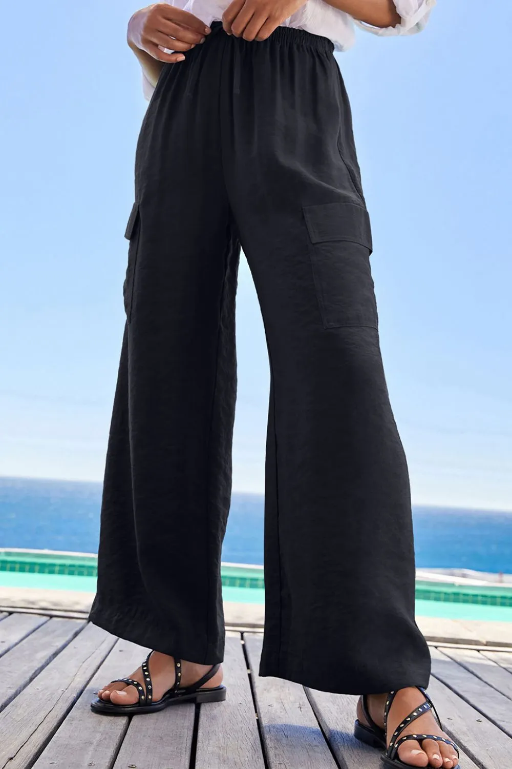 Drawstring Frilled Waist Wide Leg Utility Trousers - Image 11