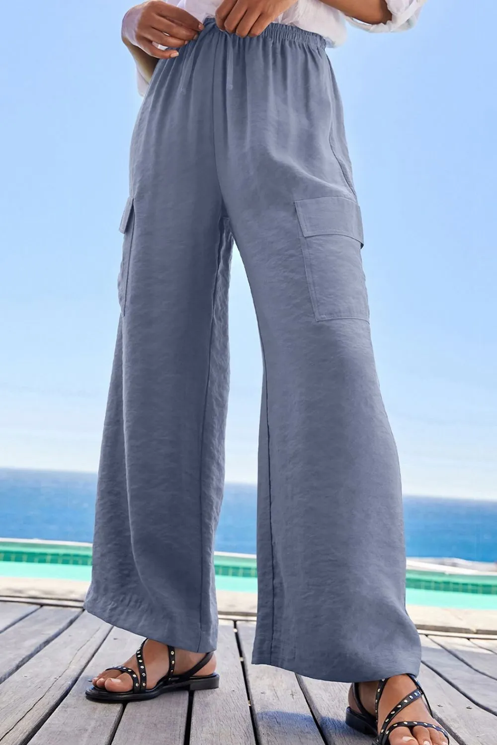 Drawstring Frilled Waist Wide Leg Utility Trousers - Image 17