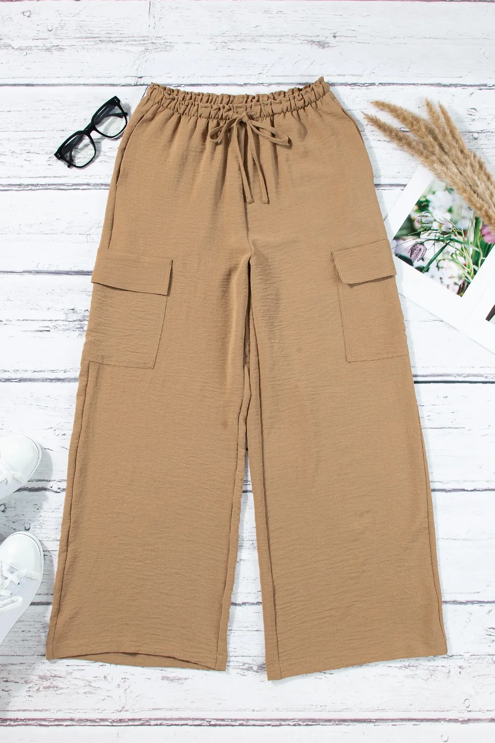 Drawstring Frilled Waist Wide Leg Utility Trousers - Image 5