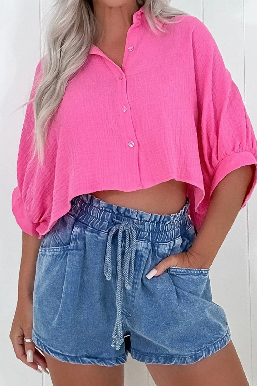 Drawstring High Waist Denim Shorts with Pockets - Image 4
