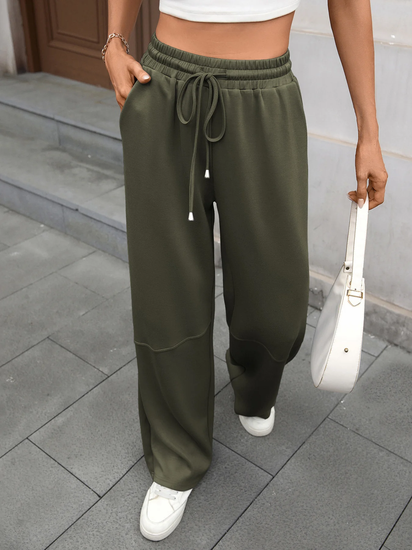 Drawstring High Waist Wide Leg Casual Pants - Image 18