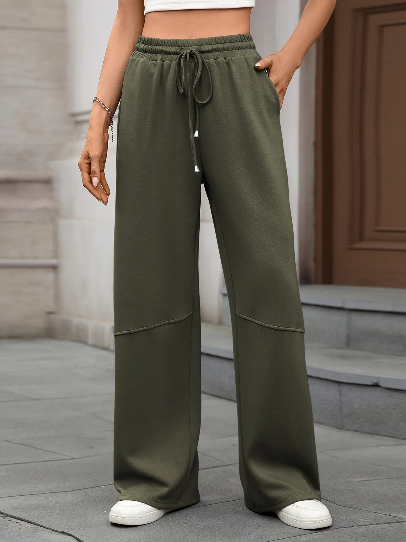 Drawstring High Waist Wide Leg Casual Pants - Image 19