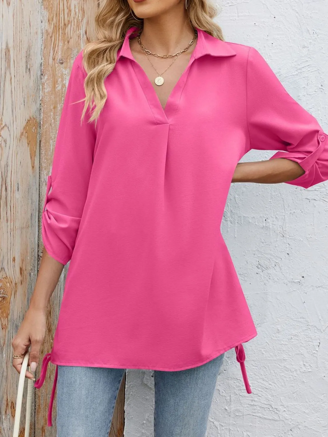 Drawstring Johnny Collared Three-Quarter Sleeve Top - Image 3