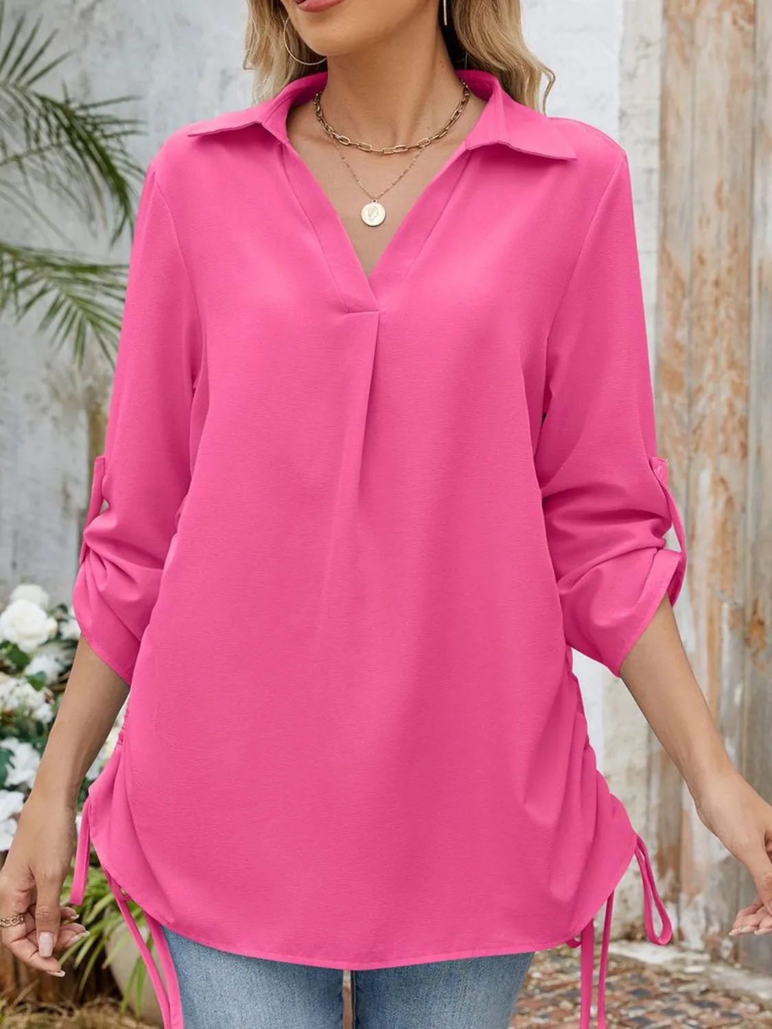 Drawstring Johnny Collared Three-Quarter Sleeve Top - Image 4