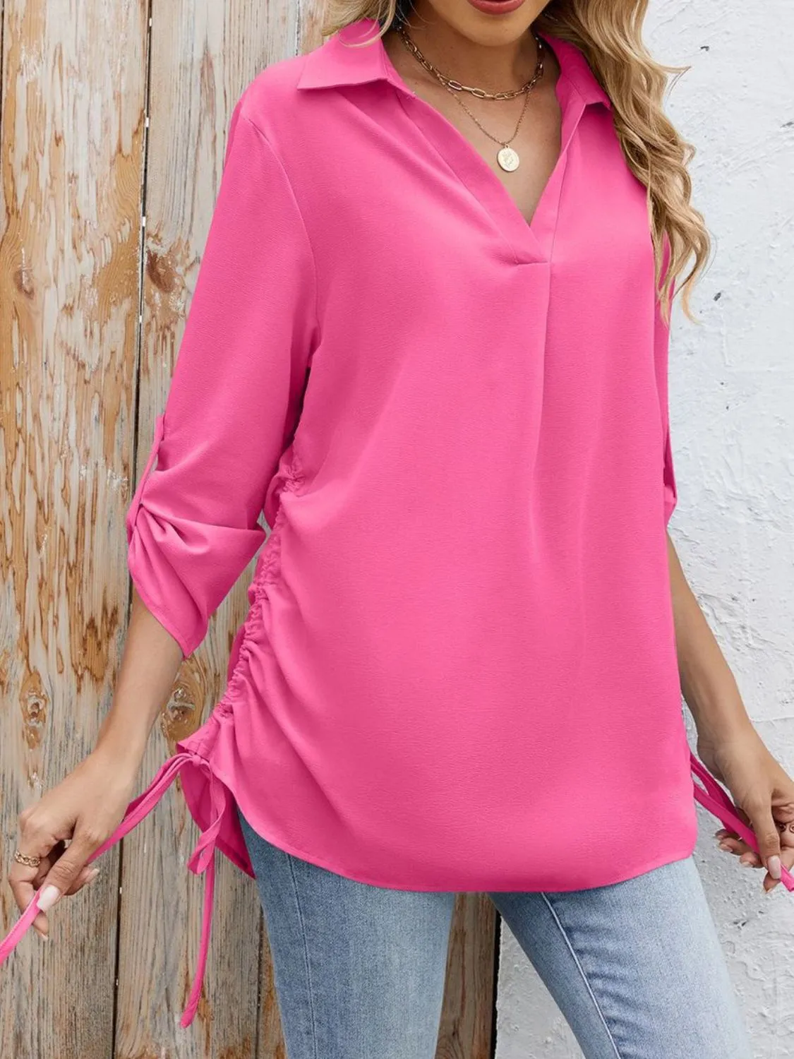 Drawstring Johnny Collared Three-Quarter Sleeve Top - Image 5