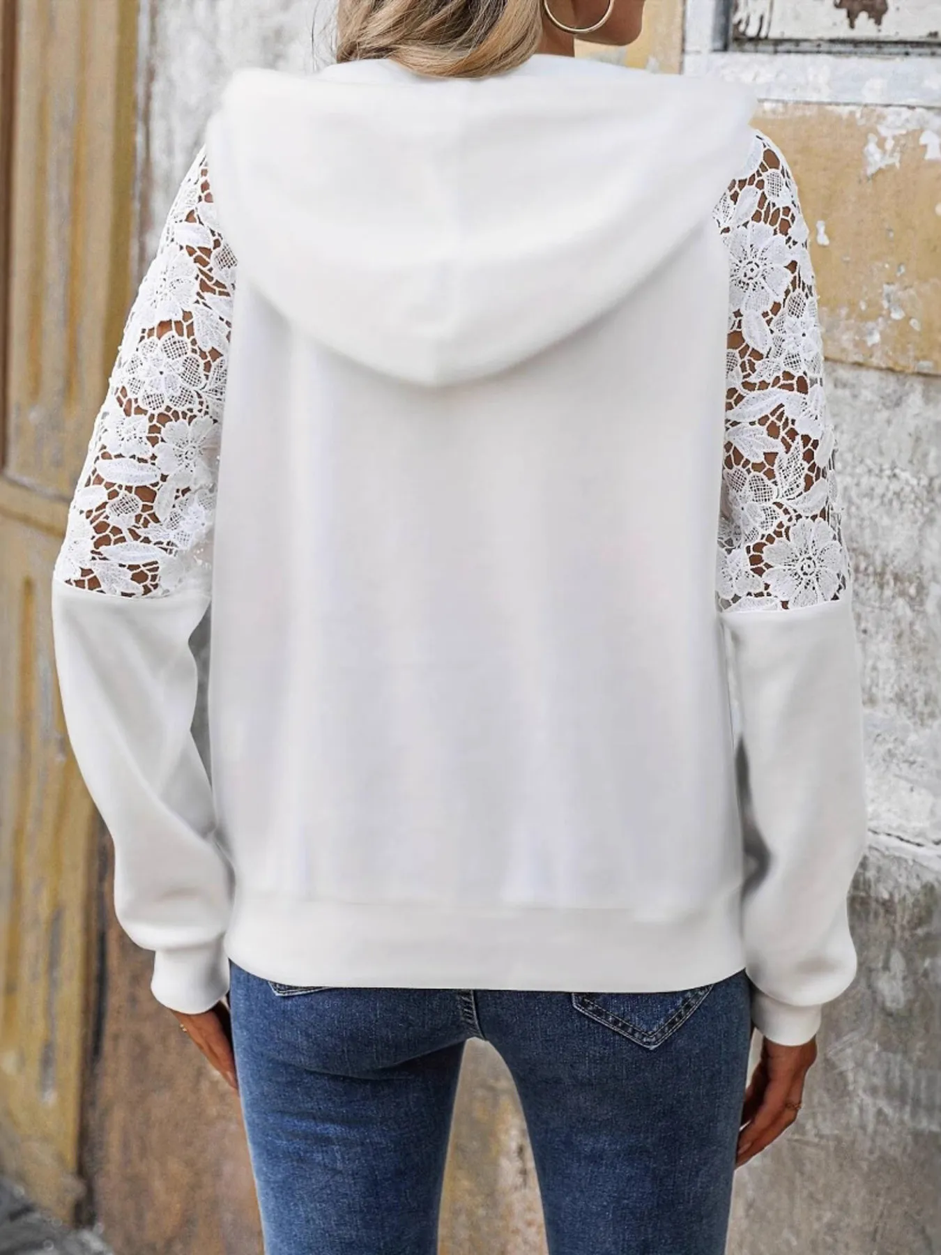 Drawstring Lace Detail Long Sleeve Hoodie - Image 2