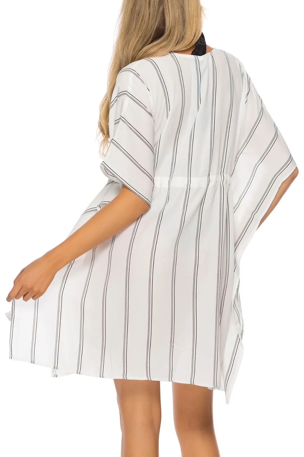 Drawstring Striped V-Neck Cover-Up - Image 3