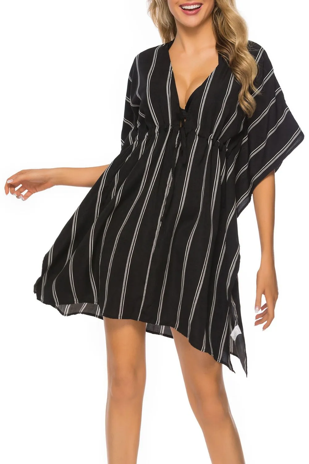 Drawstring Striped V-Neck Cover-Up - Image 4
