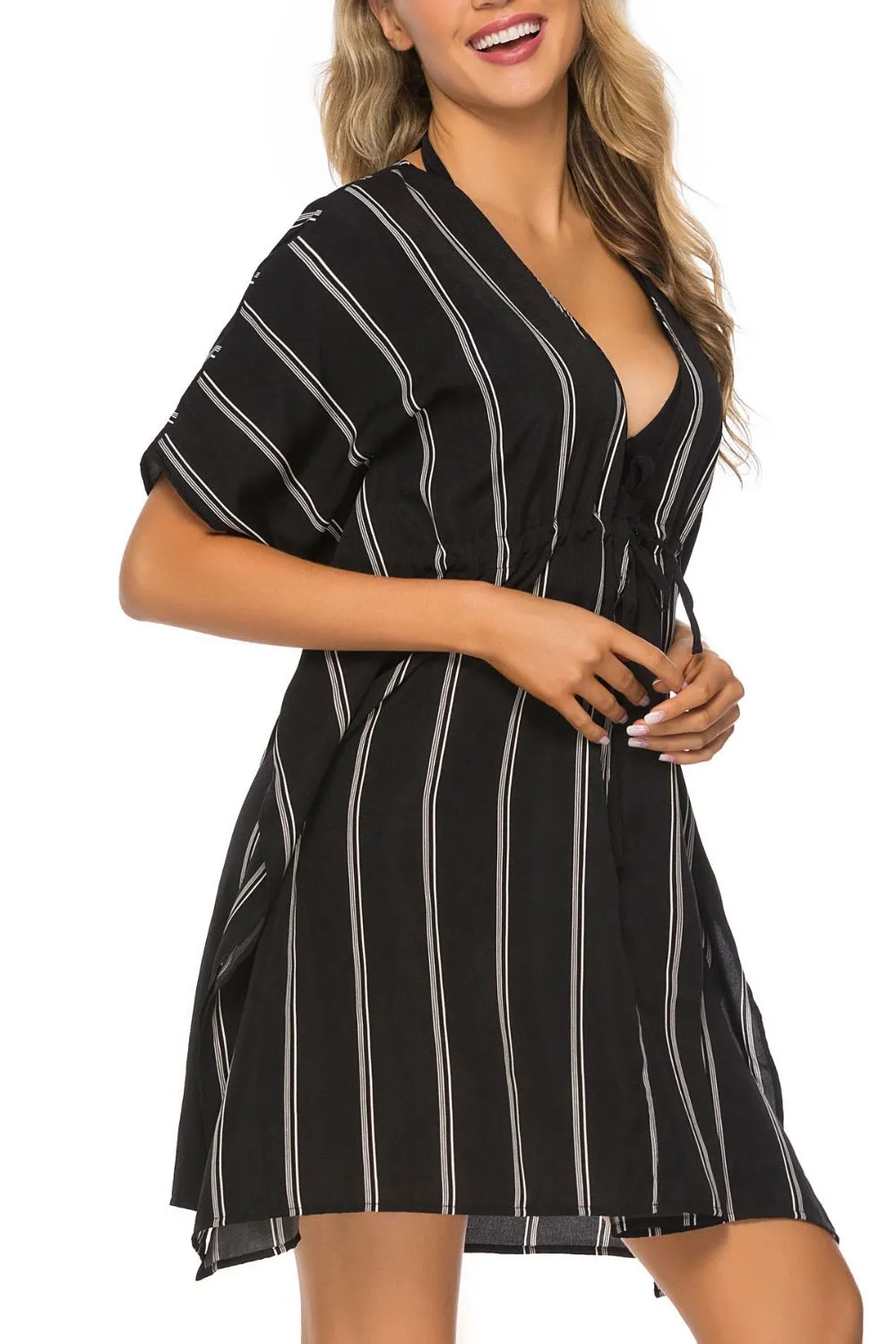 Drawstring Striped V-Neck Cover-Up - Image 5