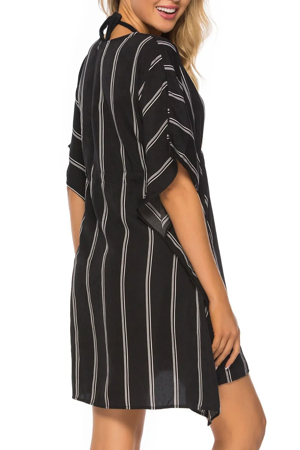 Drawstring Striped V-Neck Cover-Up - Image 6