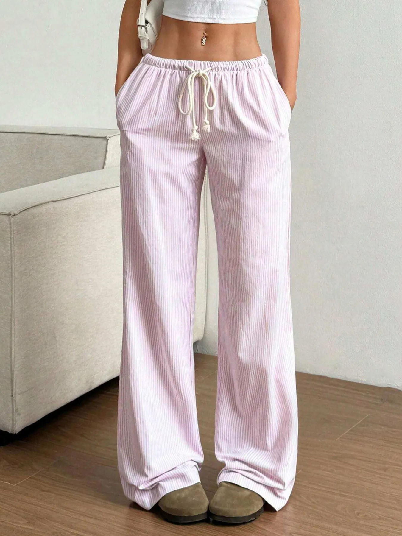 Drawstring Striped Wide Leg Pants - Image 17