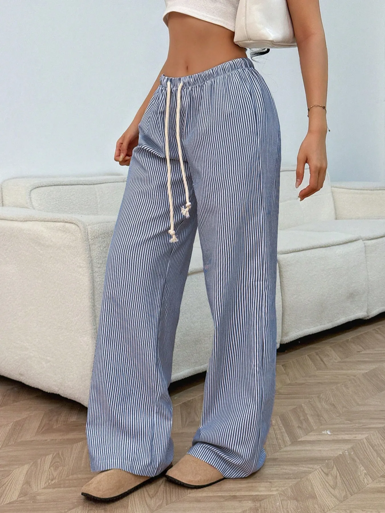 Drawstring Striped Wide Leg Pants - Image 3