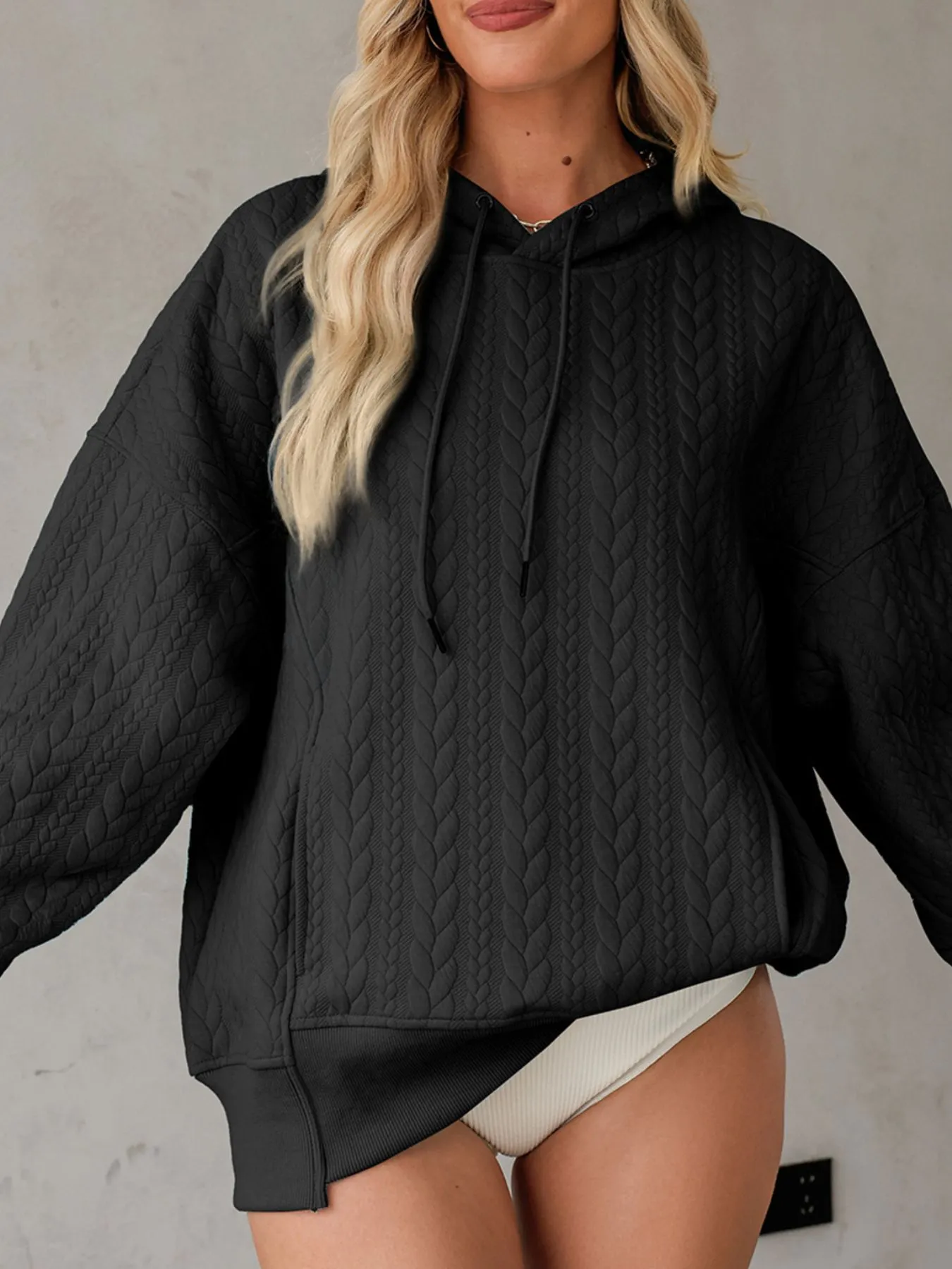 Drawstring Textured Baggy Solid Hoodie - Image 22