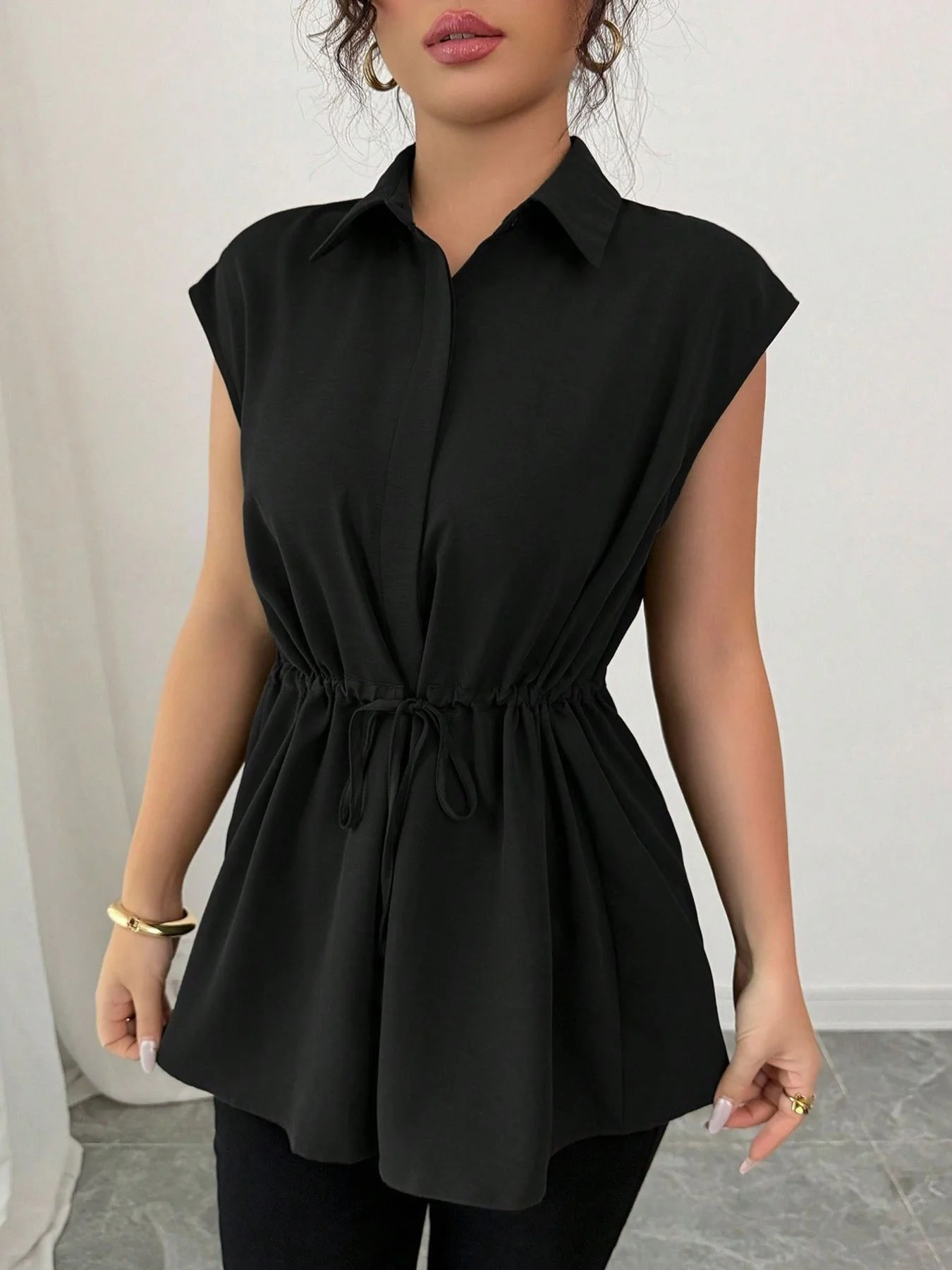 Drawstring Waist Cap Sleeve Shirt - Image 11