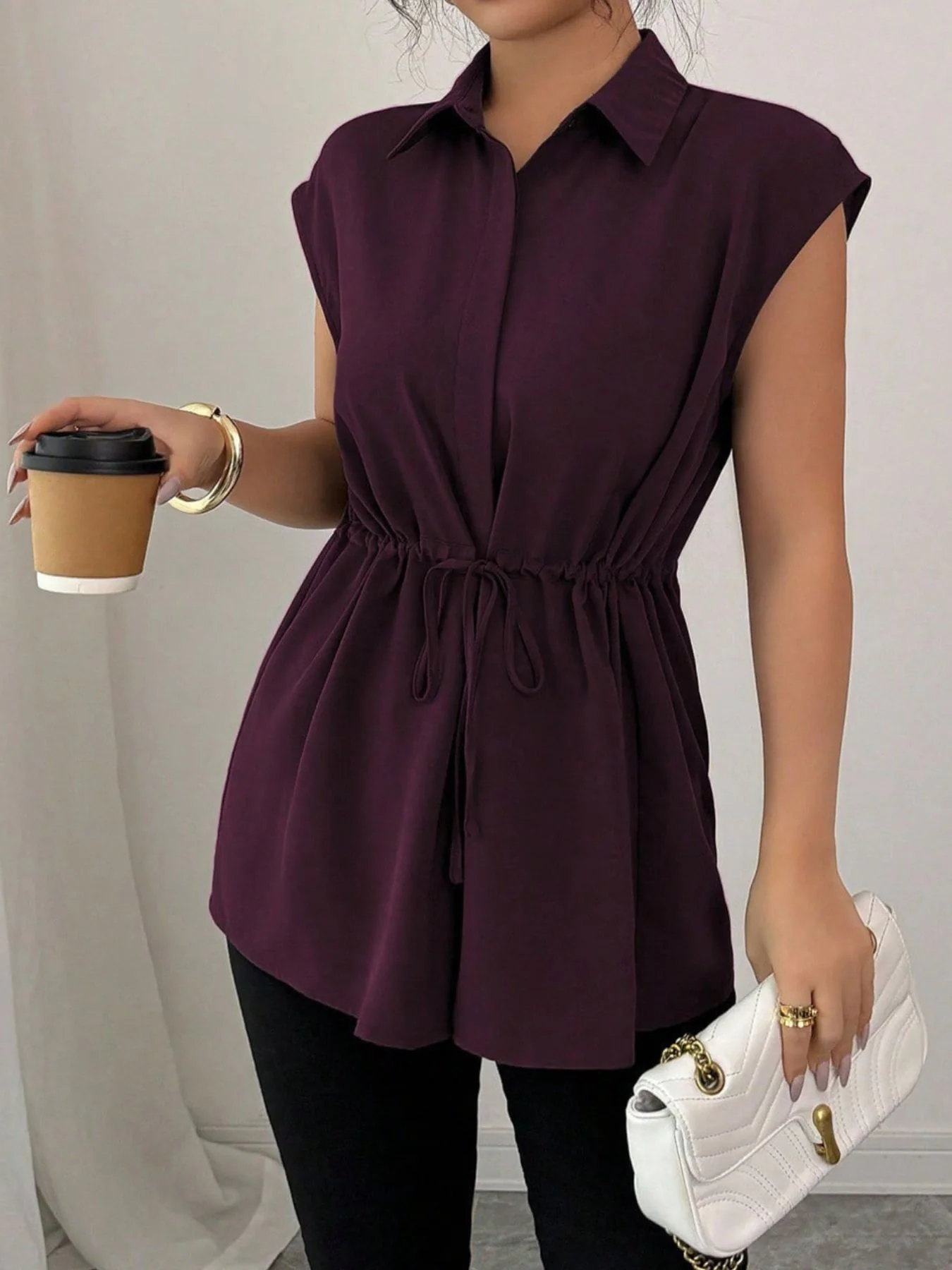 Drawstring Waist Cap Sleeve Shirt - Image 18