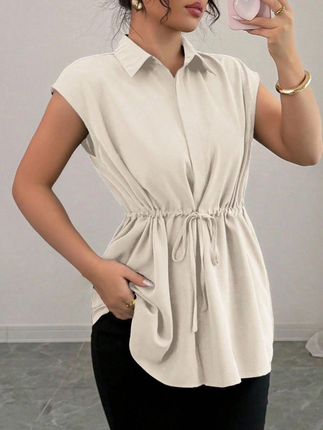 Drawstring Waist Cap Sleeve Shirt - Image 2