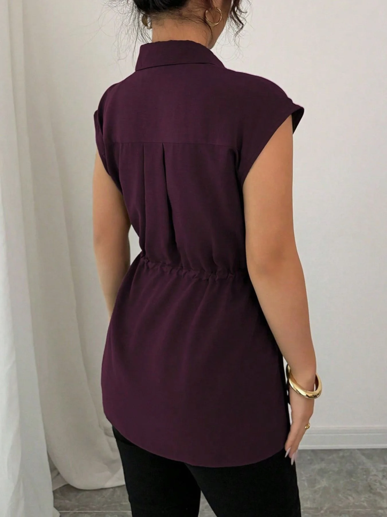 Drawstring Waist Cap Sleeve Shirt - Image 20
