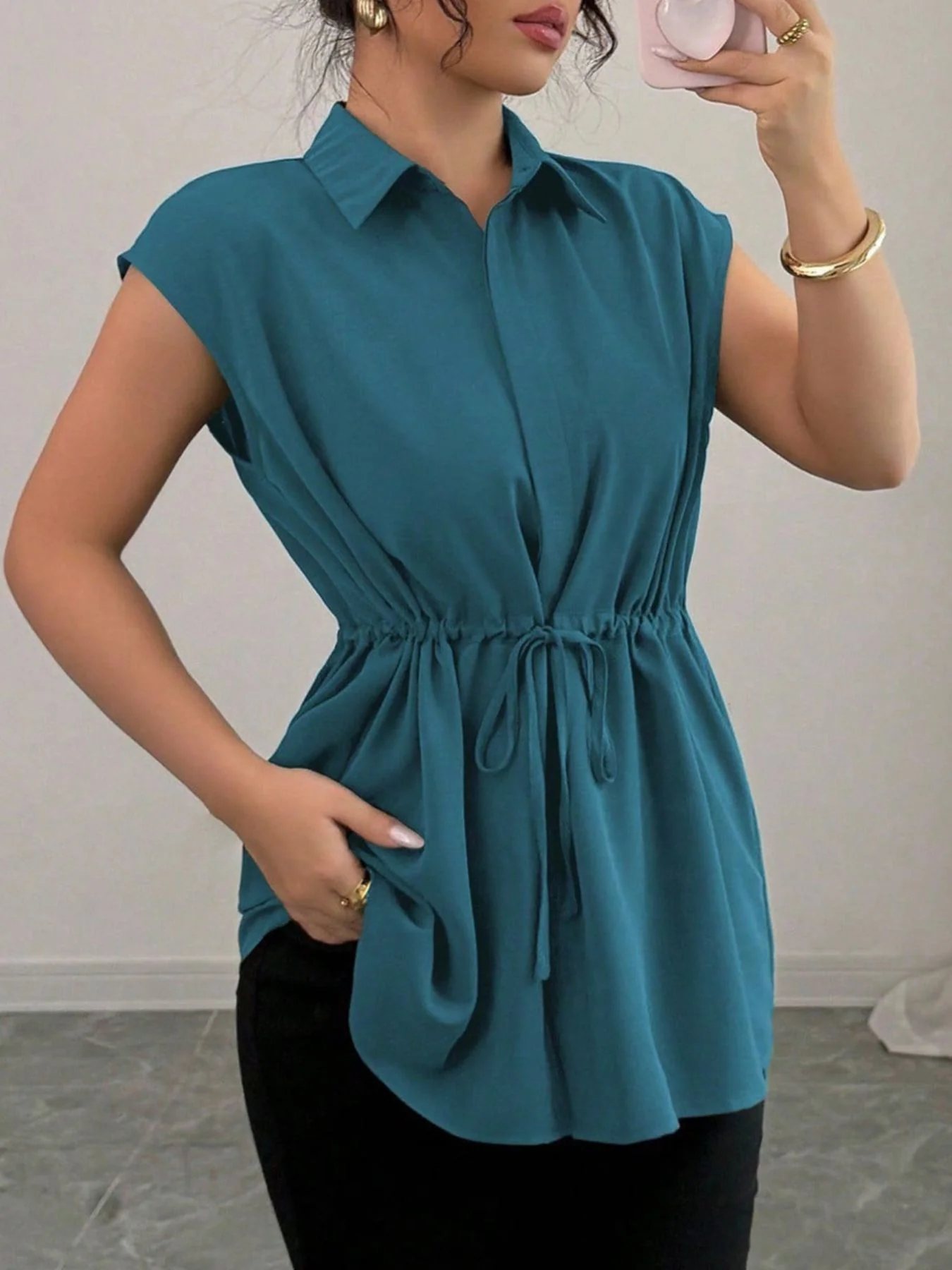 Drawstring Waist Cap Sleeve Shirt - Image 24