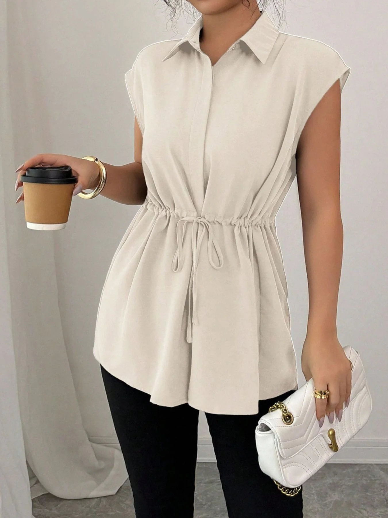 Drawstring Waist Cap Sleeve Shirt - Image 3