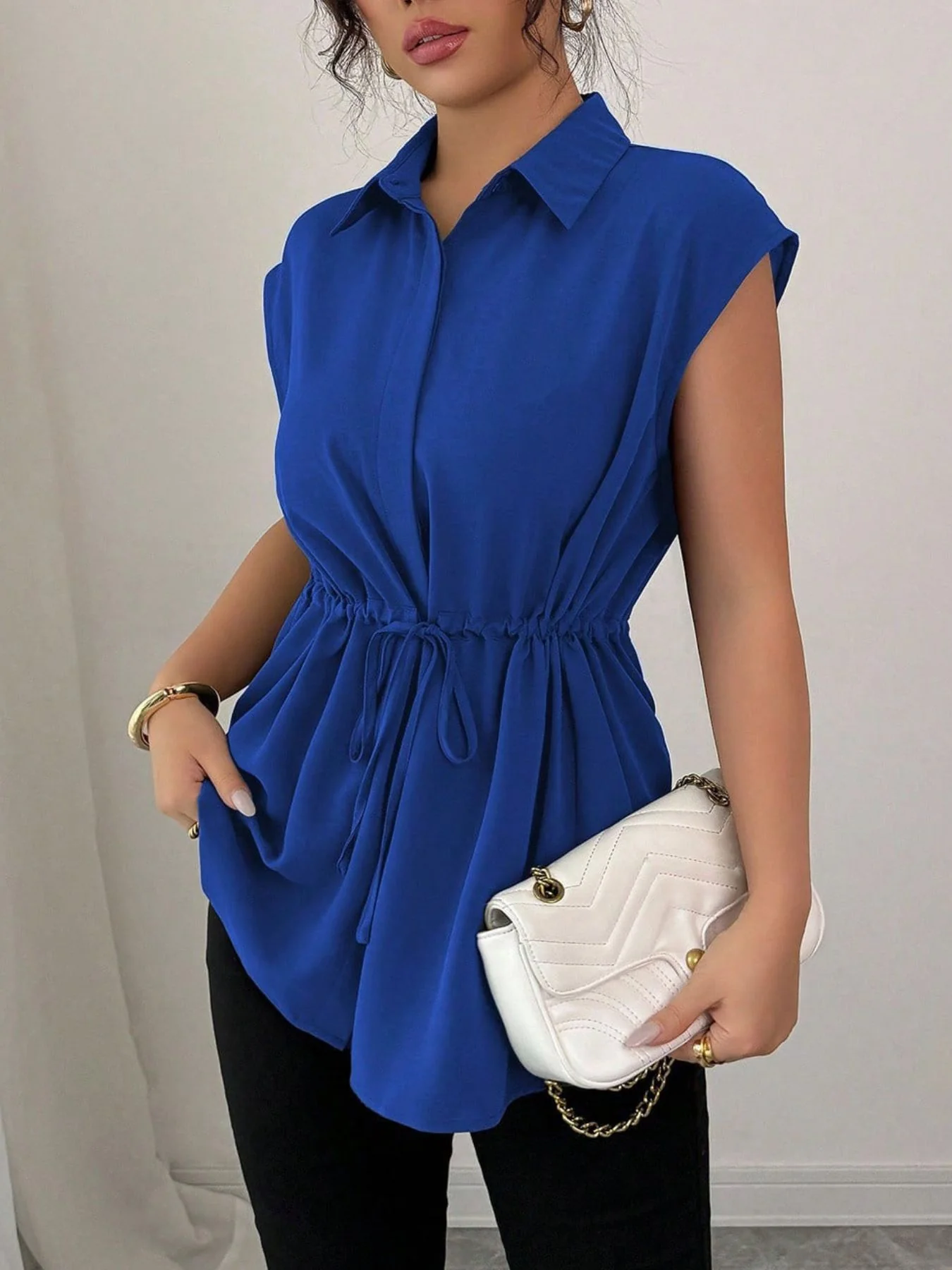 Drawstring Waist Cap Sleeve Shirt - Image 31