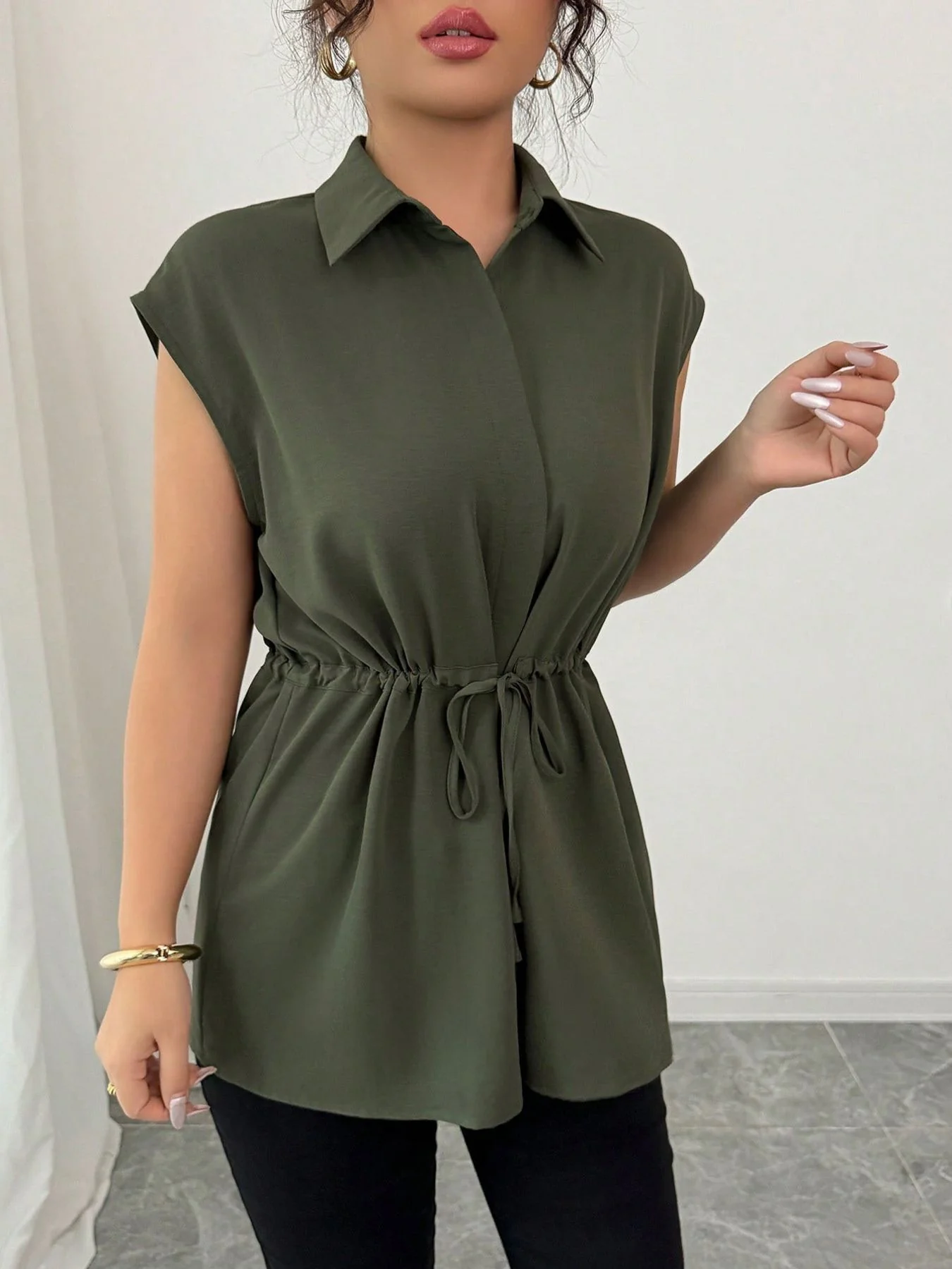 Drawstring Waist Cap Sleeve Shirt - Image 7