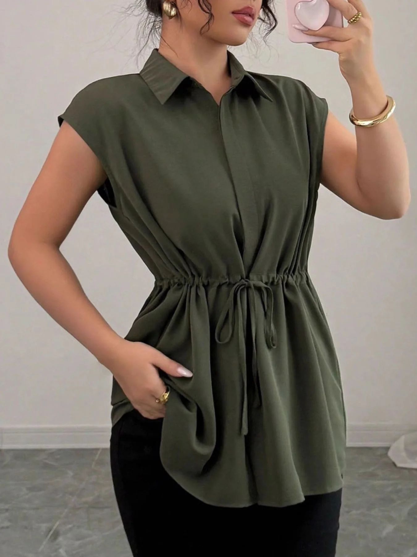 Drawstring Waist Cap Sleeve Shirt - Image 9