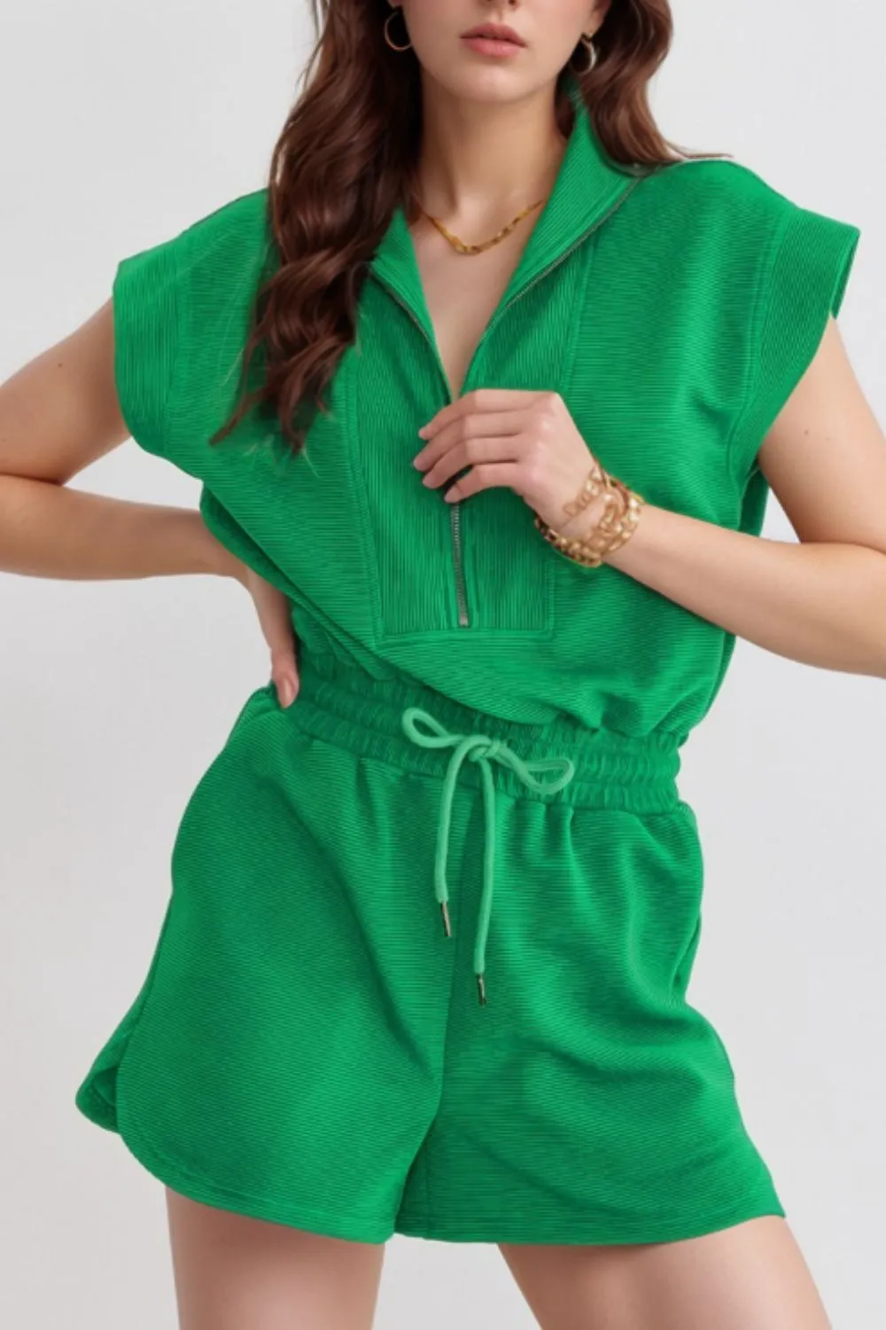 Drawstring Waist Half Zip Romper - Image 2
