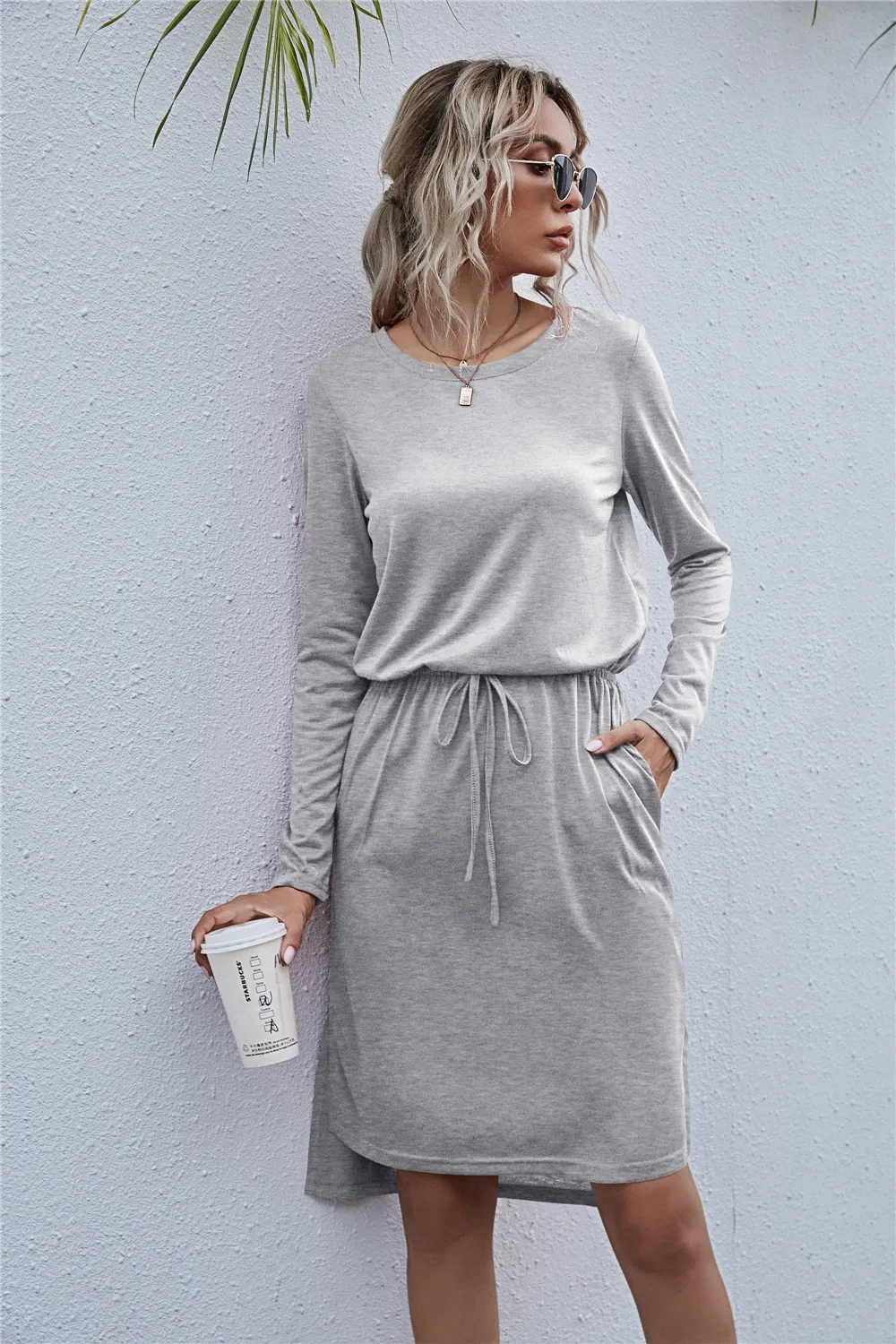 Drawstring Waist Round Neck Long Sleeve Dress - Image 3