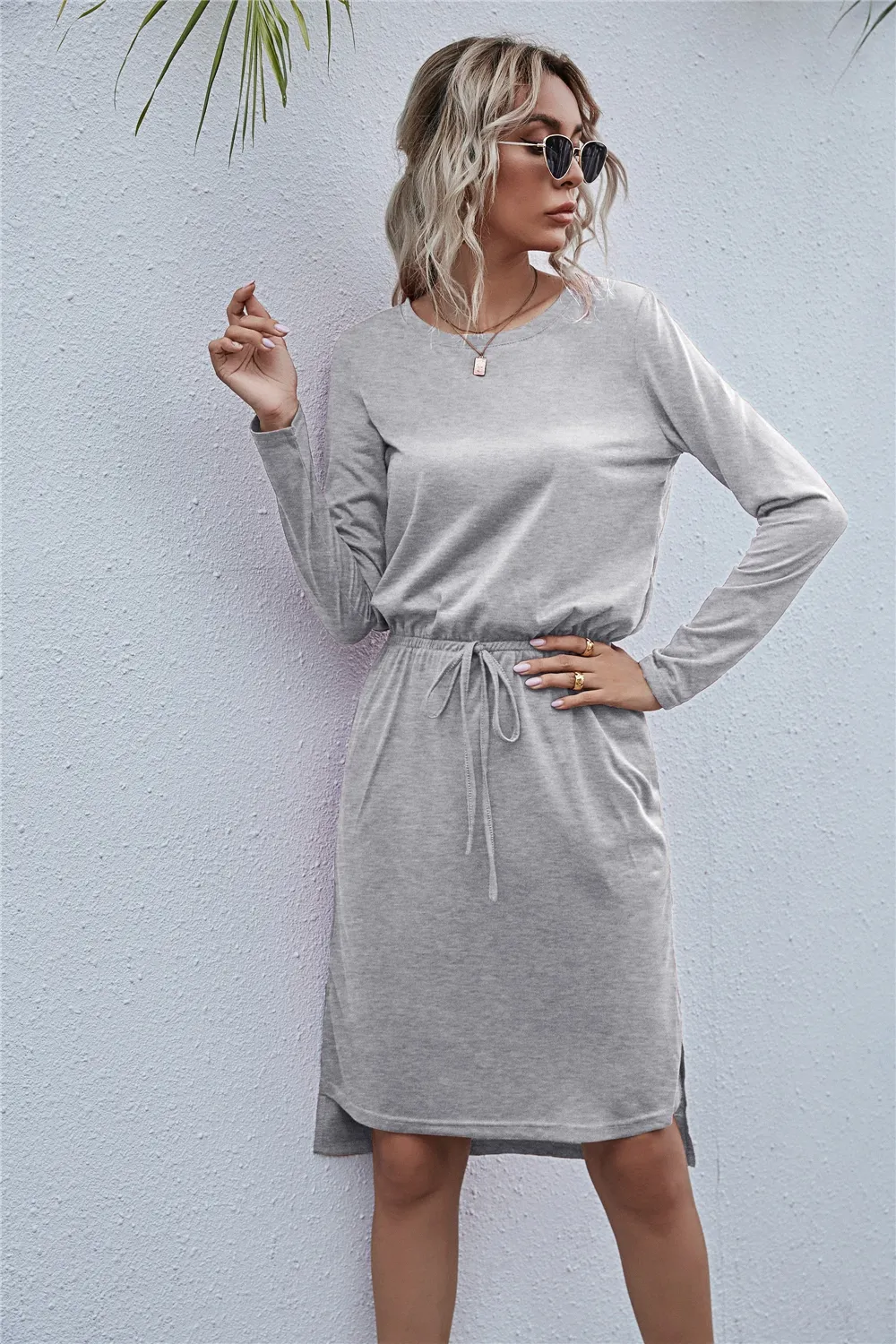 Drawstring Waist Round Neck Long Sleeve Dress - Image 4