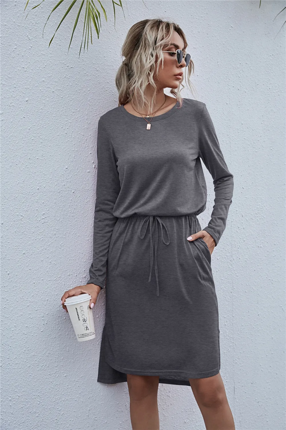 Drawstring Waist Round Neck Long Sleeve Dress - Image 7