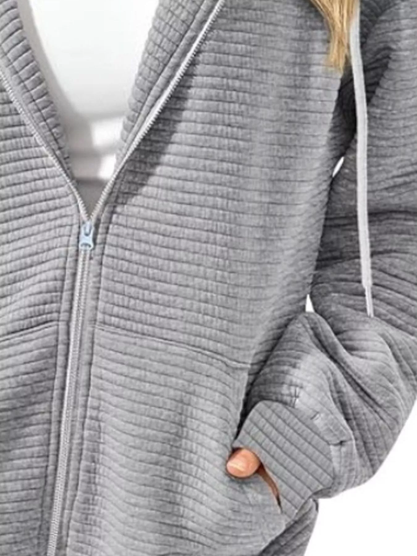 Drawstring Zip Up Dropped Shoulder Hoodie - Image 3