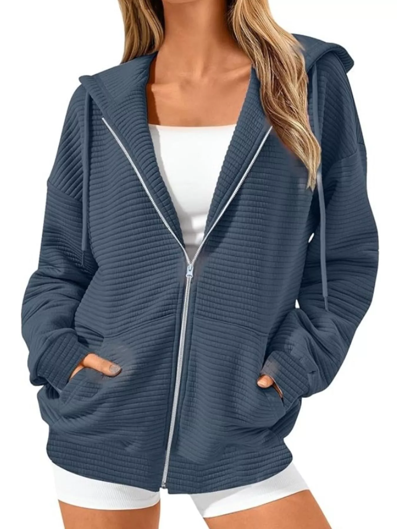 Drawstring Zip Up Dropped Shoulder Hoodie - Image 4