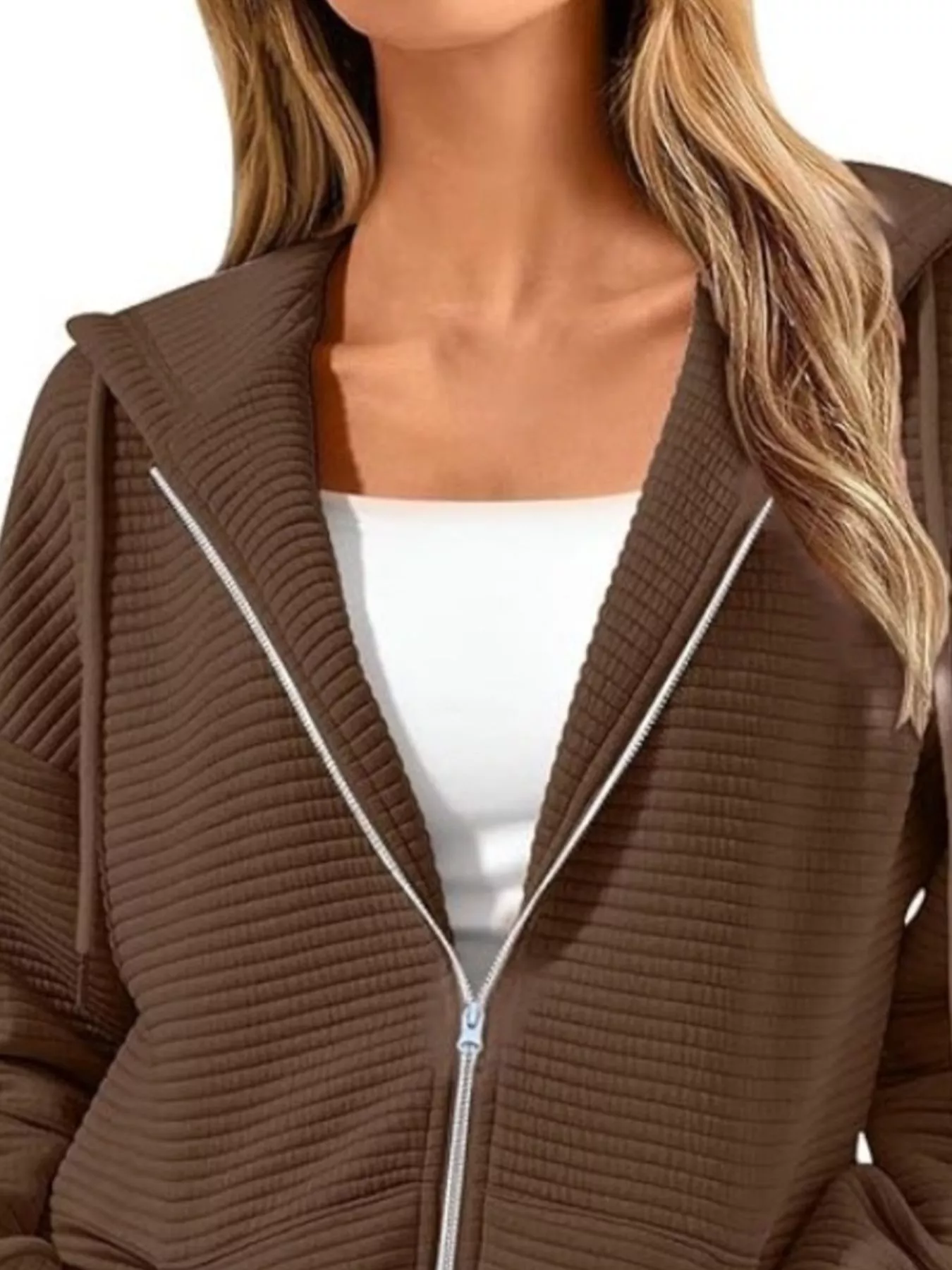 Drawstring Zip Up Dropped Shoulder Hoodie - Image 9