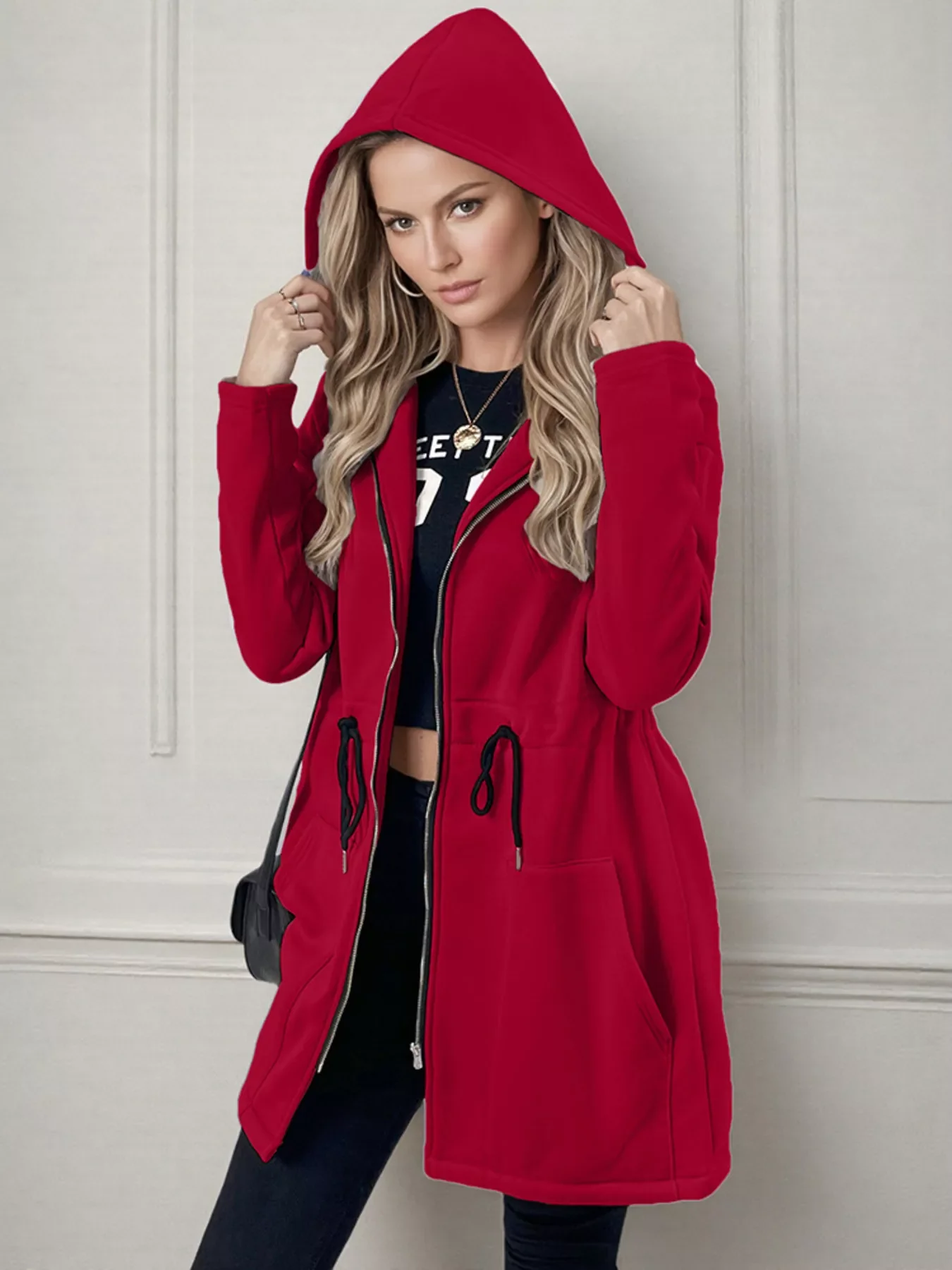 Drawstring Zip Up Hooded Outerwear - Image 10