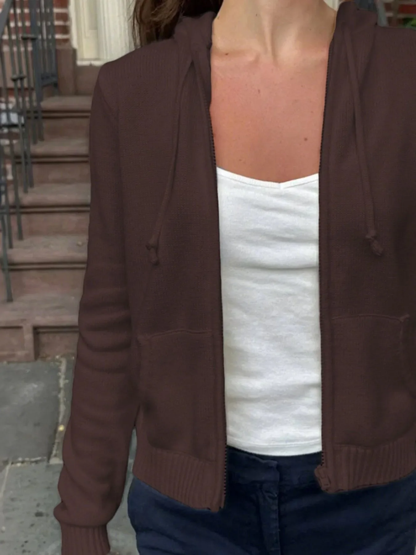 Drawstring Zip Up Long Sleeve Cardigan - Image 9