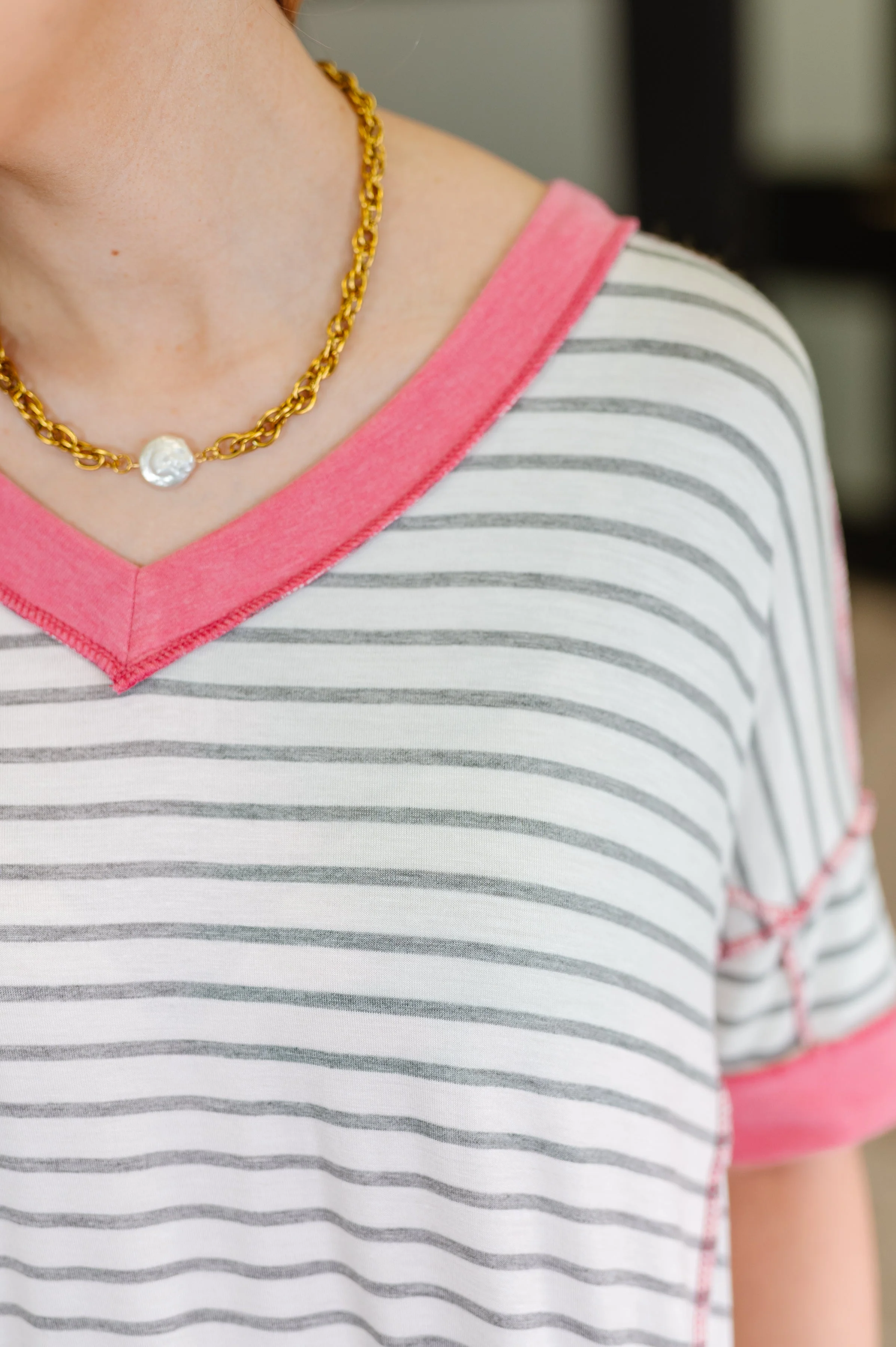 Dressed to Chill V-Neck Top in Heather/Grey/Ivory/Pink - Image 2